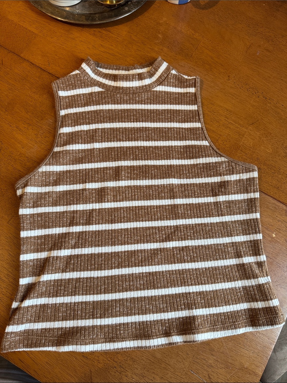 Striped Brown & White Ribbed Mock Neck Tank Top